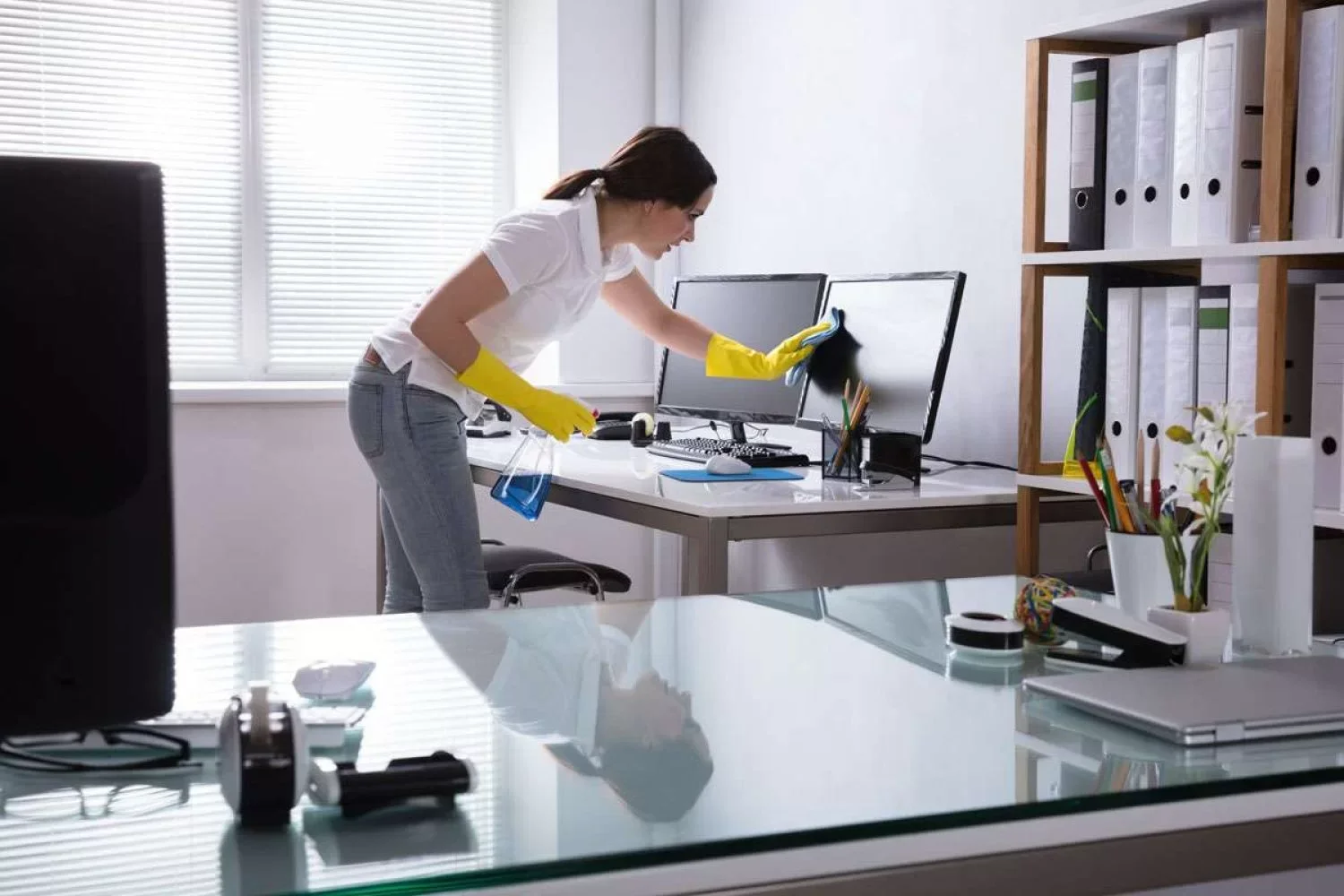 Imagem mostra uma mulher limpando um escritório